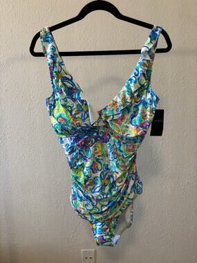 Lauren Ralph Lauren Floral Underwire One-Piece Tummy Control Ruffle Swimsuit New